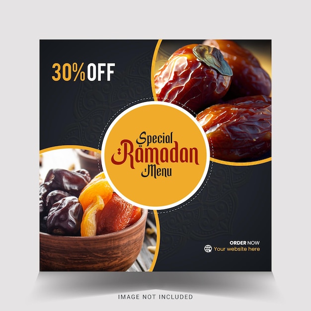 Un volantino per il menu speciale del ramadan con sopra un'immagine del cibo.