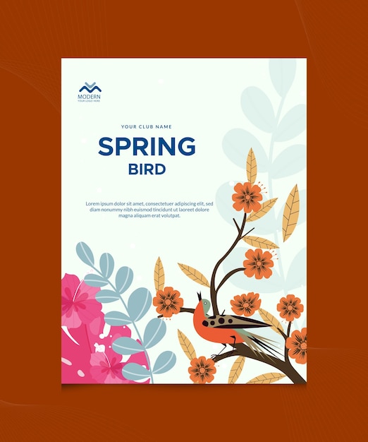 A flyer for spring bird with flowers on a red background.