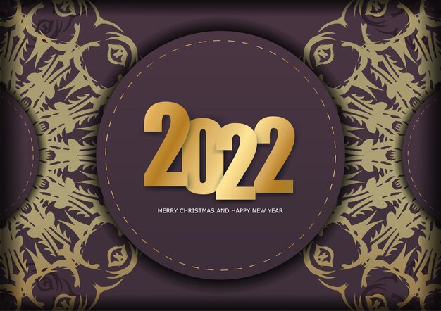 Vector flyer template 2022 merry christmas burgundy color with winter gold pattern