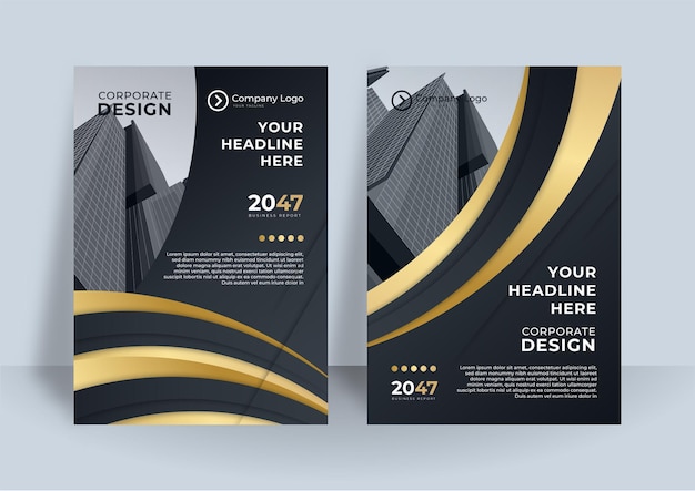 Vector flyer template black gold cover design layout set for business.