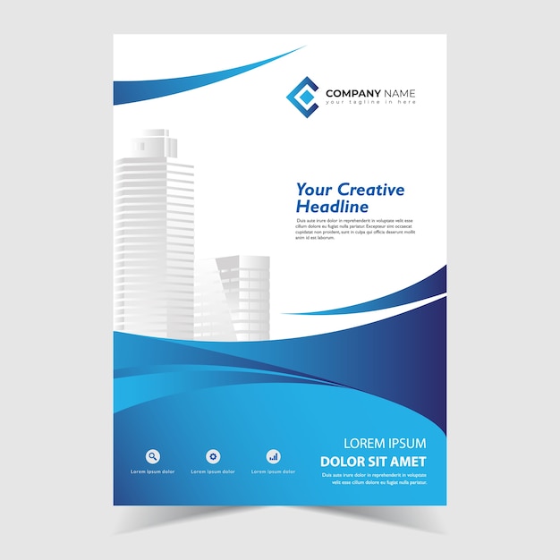 Flyer template design with blue wavy shapes design