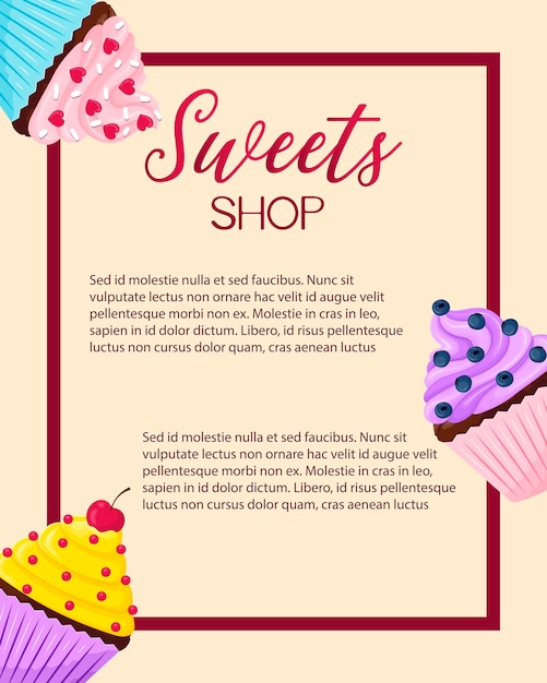 배너 포스터 제과 광고를 위한 만화 플랫 스타일 미디어 디자인의 귀여운 컵케이크가 있는 베이지색 배경의 달콤한 가게를 위한 전단지 템플릿