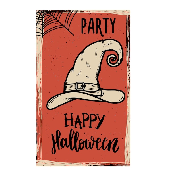 ハロウィーンパーティーのチラシテンプレート。グランジ背景の魔女の帽子。ポスター、カード、バナーのデザイン要素。ベクトルイラスト