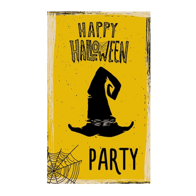 Flyer template of Halloween party. Witch hat on grunge background. Design element for poster, card, banner. Vector illustration