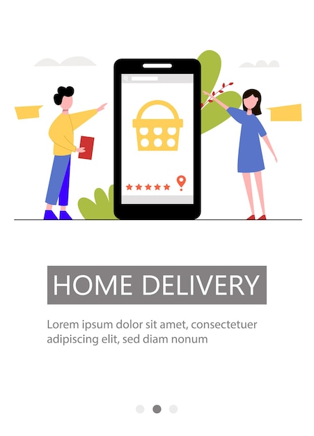 Flyer template for home delivery Characters buy goods online Vector illustration