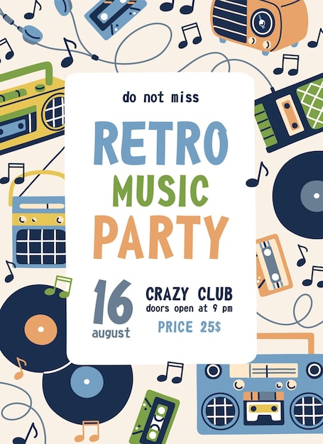 Vector flyer template for retro music party. ad poster design for nostalgia musical event in 60s and 70s style. advertising background with vinyl and cassettes frame. flat vector illustration of promo card