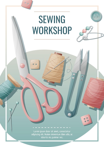 Шаблон флаера для мастерской швейного ателье Плакат с нитками ножницы швейный инструмент Хобби рукоделие легкая промышленность Баннеры А4 для рекламы