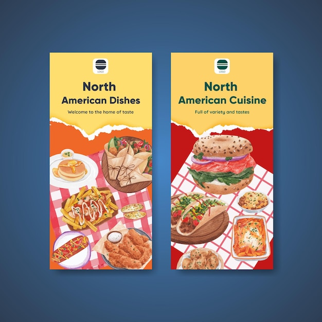 Vector flyer template with american foods concept,watercolor style