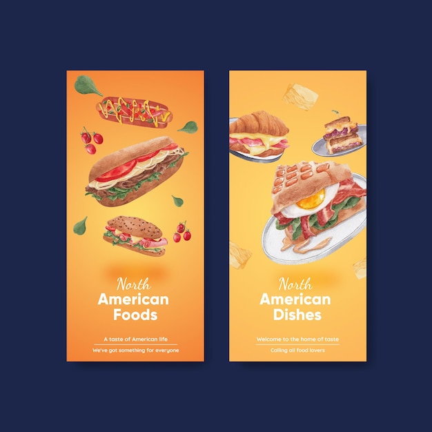 Vector flyer template with american foods concept,watercolor style