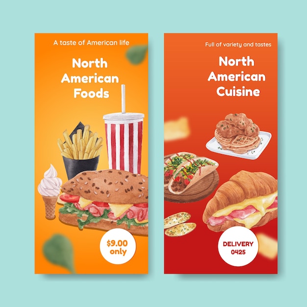 Flyer template with american foods concept,watercolor style