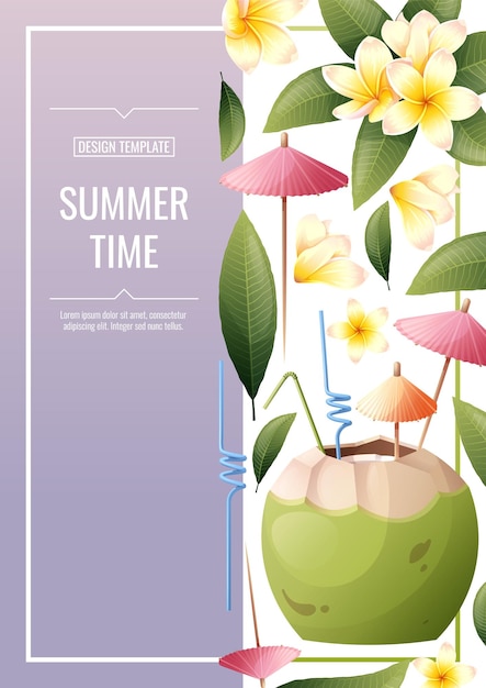Шаблон флаера с пляжным кокосовым коктейлем и цветами франжипани Тропические каникулы летние каникулы Баннерный плакат с пляжными напитками формата а4