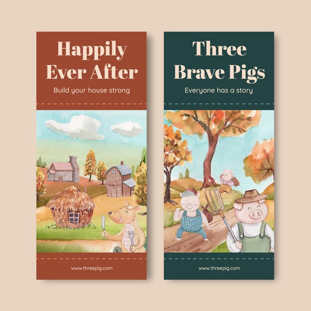 Vector flyer template with cute three little pigs, watercolor style