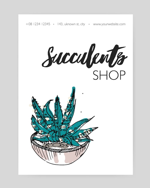 Flyer template with hand drawn desert plant growing in pot and place for text on white background.