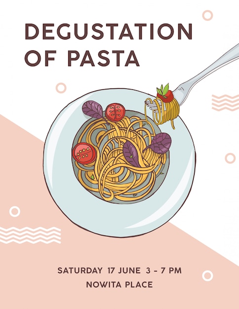 Flyer template with plate of appetizing spaghetti with tomatoes. degustation of pasta, delicious traditional italian meal.