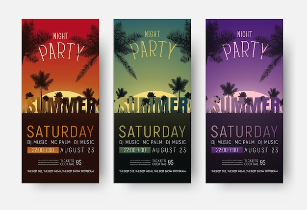 Flyer templates for a summer party. design of vertical banners with a night beach and palm trees at sunser