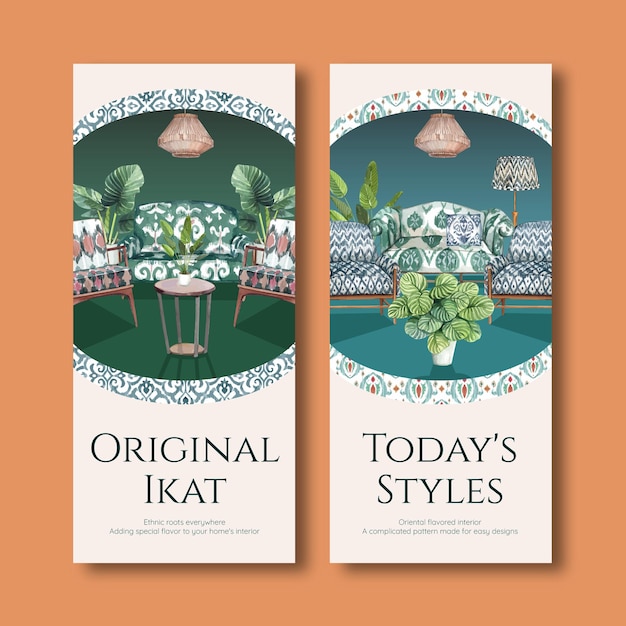 Flyer templates with ikat concept in watercolor style