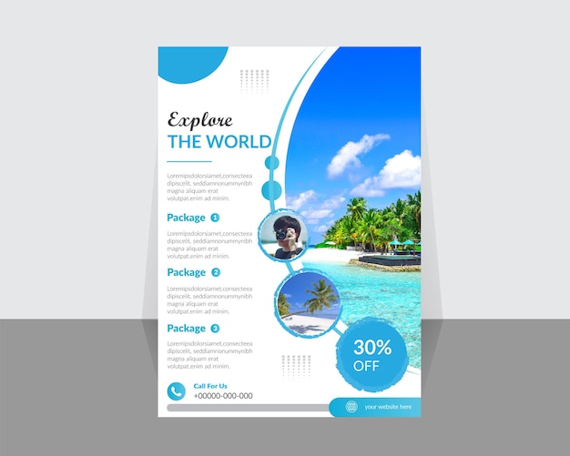 Vector a flyer for a travel agency called explore the world.