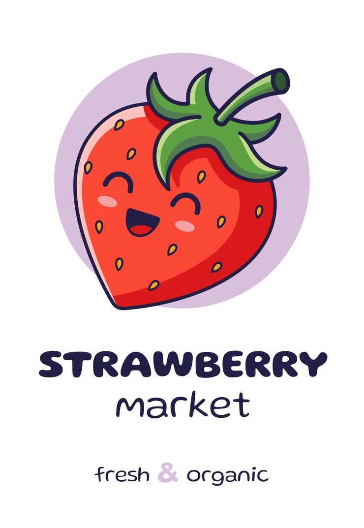 Flyer van de aardbeienmarkt Kawaii-stijl rode aardbeien poster Plat ontwerp T-shirt Gedrukte banner Boerenmarktconcept