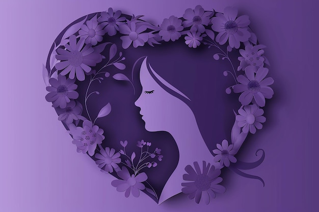 Flyer van de Internationale Vrouwendag met silhouet van een vrouw en bloemenornamenten in illustratie in papier