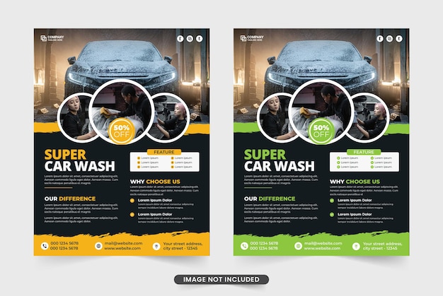 Flyer voor autowasservice. Car wash en schoonmaak service voorbladsjabloon. Voertuig schoonmaak service flyer vector. Promotie-aanbiedingsbrochure voor autowasstraten. Banner voor het wassen van voertuigen.