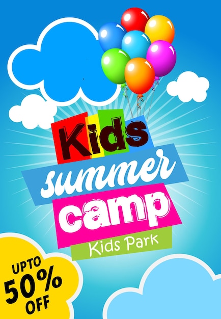 Flyer voor de kids summer camp poster in vlakke stijl vectorillustratie