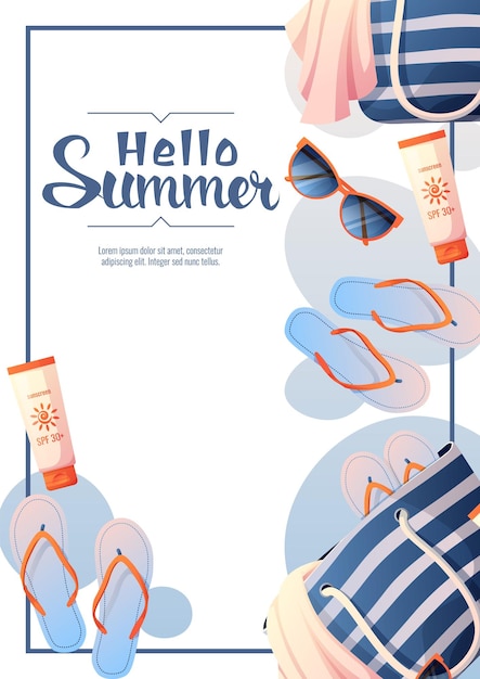 Flyer with beach bag and accessories summer time hello summer beach vibe discount banner promotion a