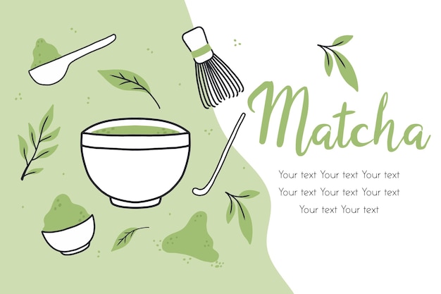 Volantino con tè matcha illustrazione vettoriale con tè verde tazza con latte matcha poster con tazza verde matchadoodle style