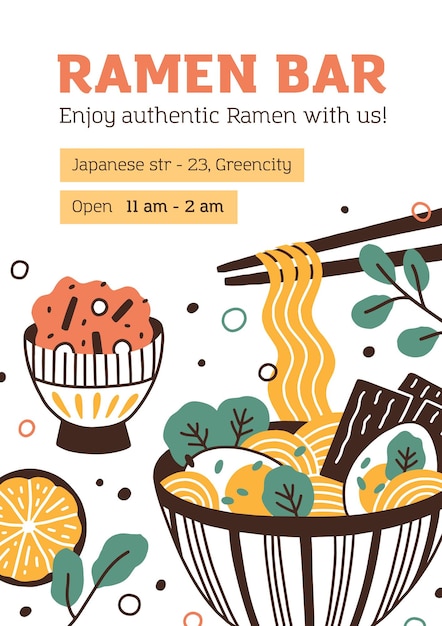 Flyerontwerp met plaats voor tekst voor japans keukenrestaurant. sjabloon voor menudekking voor aziatisch eetcafé. kom ramensoep en eetstokjes met hangende noedels. platte vectorillustratie.