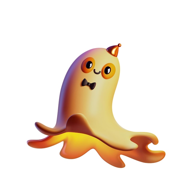 Vector flying 3d realistic ghost for halloween. boo spirit cute, cartoony spooky ghost with bow tie