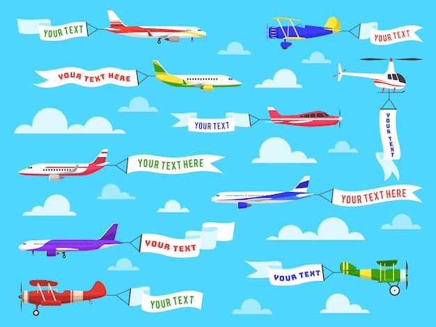 Flying advertising banner. Sky planes banners airplane flight helicopter ribbon template text advertisement message set