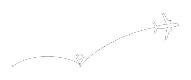 Vettore aereo volante e punti del percorso in un disegno a linea continua concetto di viaggio nel mondo e compagnia aerea di volo internazionale con strada in stile lineare semplice tratto modificabile doodle illustrazione vettoriale