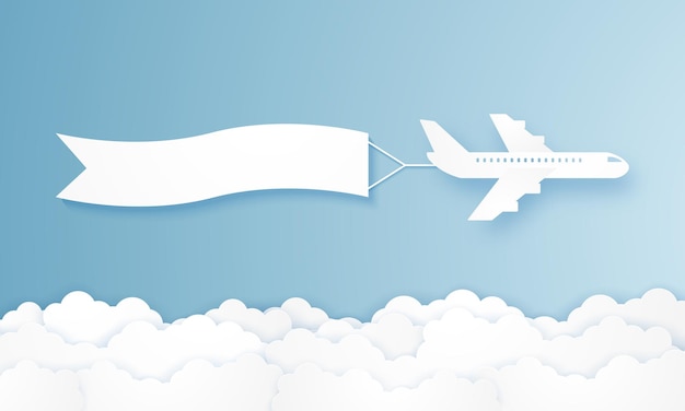 Flying airplane pulling advertising banner , paper art style