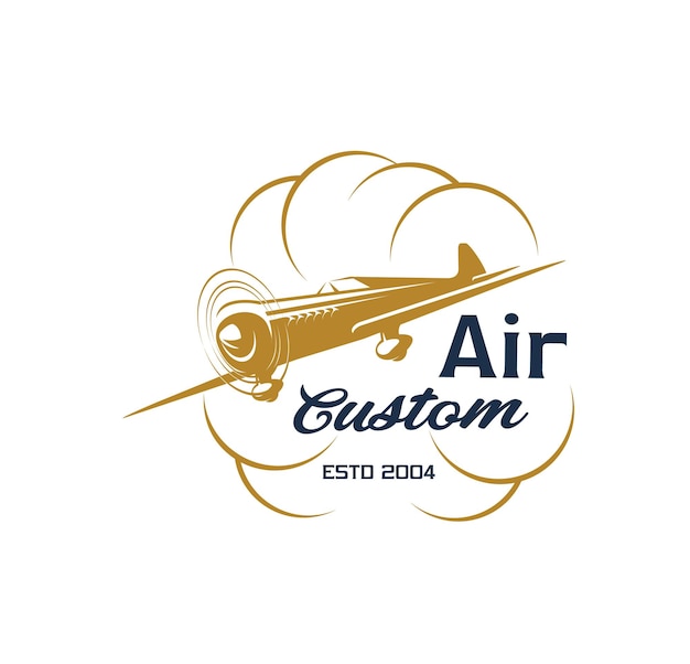 Flying airplane in sky clouds airplane custom vector icon of retro aircraft flight tours air travel and aviation transport Vintage plane or biplane with propeller and landing wheels isolated symbol