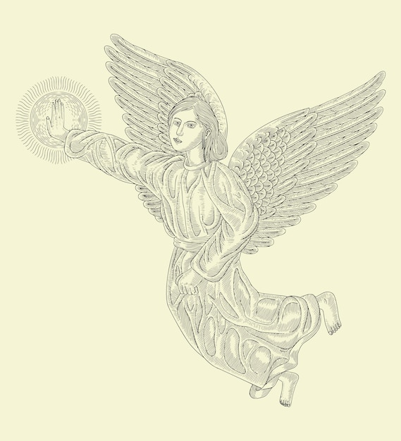 Flying angel with magic Vintage engraving drawing illustrationy
