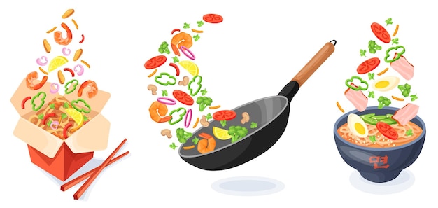 Flying asian food Wok pan or bowl with levitate noodles tossed cook ingredients japanese chinese meal hot noodle vegetable rice pasta oriental cookery neat illustration