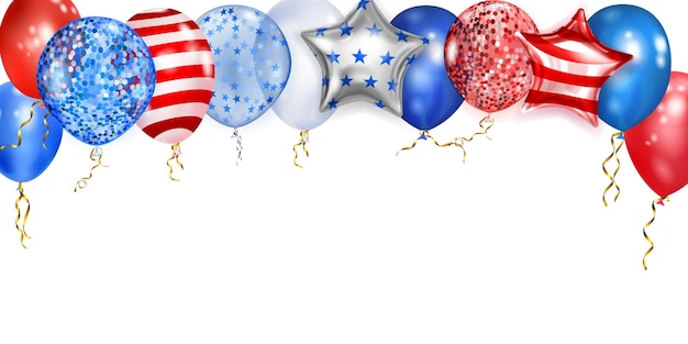 Flying balloons in the colors of the USA flag on white background with copy space