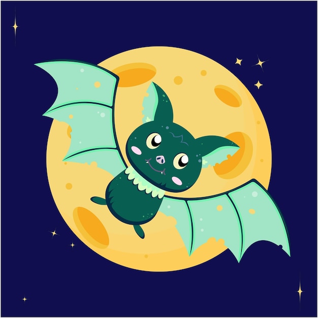 Flying bat on the background of the moon Bats cartoon vector illustration European Bat Night
