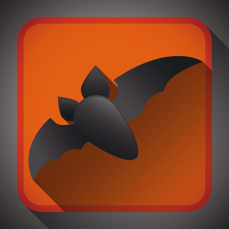 Vector flying bat postcard with long shadow on orange square icon