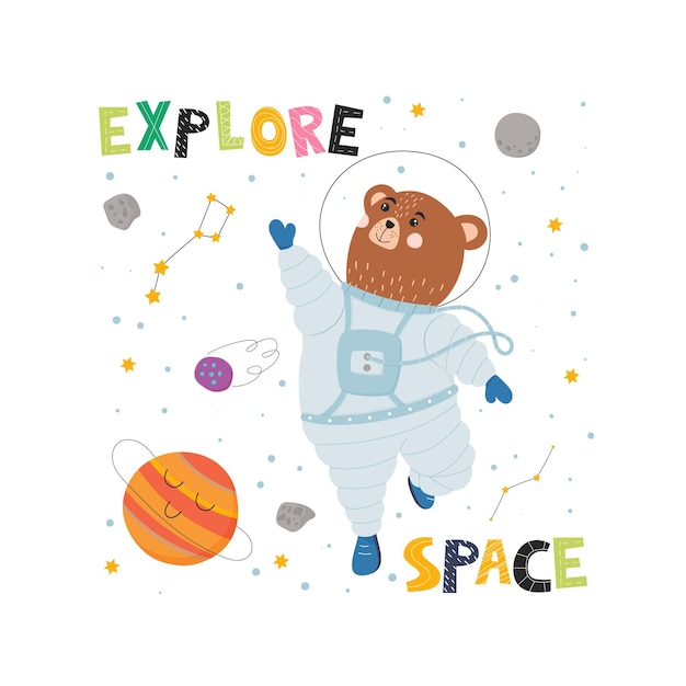 Flying bear in space suit, planet and constellation