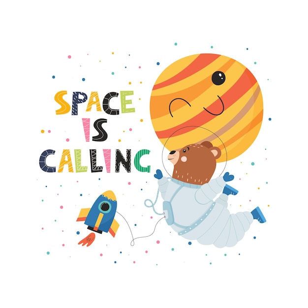 Flying bear in space suit, spaceship and planet