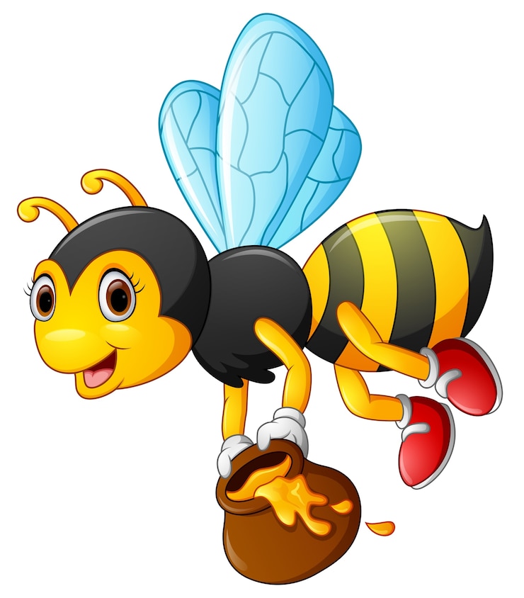 Vector flying bee cartoon holding honey bucket