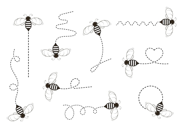 Vector flying bee silhouette with the path of flight. cute icon of a bumblebee. flat vector illustration.