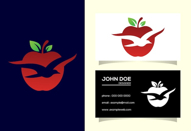 Flying bird and apple fruit logo sign symbol in flat style on black and white background