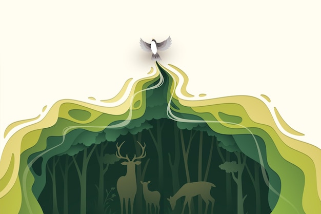 Flying bird in natural forest layered shape wavy background in paper cut style