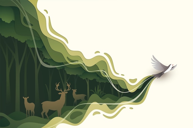 Flying bird in natural forest layered shape wavy background in paper cut style