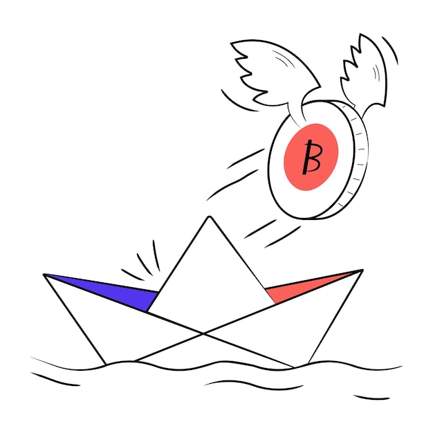 Flying bitcoin over a paper boat, vector illustration