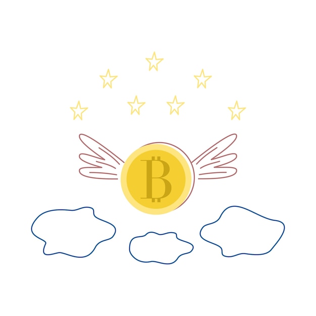 空を飛んでいるビットコイン。ベクトルイラスト。