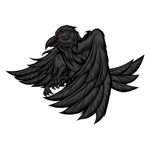 Corvo nero volante isolato su sfondo bianco