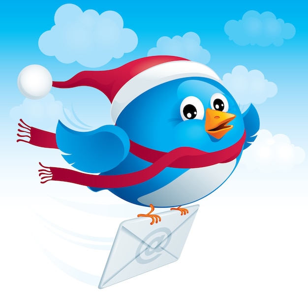 Вектор Летящая синяя птица в шляпе санта-клауса доставляет электронную почту