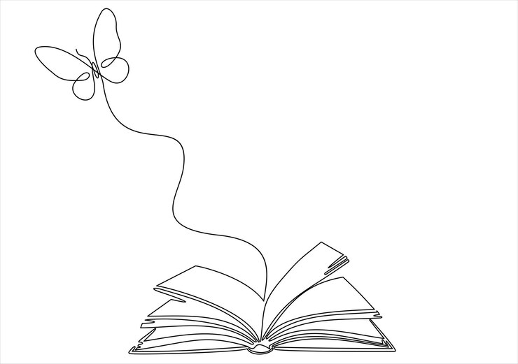 Vector flying book one line drawing with butterfly
